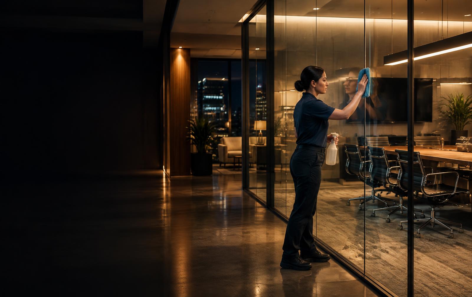 Professional cleaner working in a modern Orlando office after hours